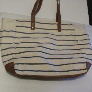 Bath And Body Works Canvas Tote Blue Striped Beige Zipper Closure Faux Leather